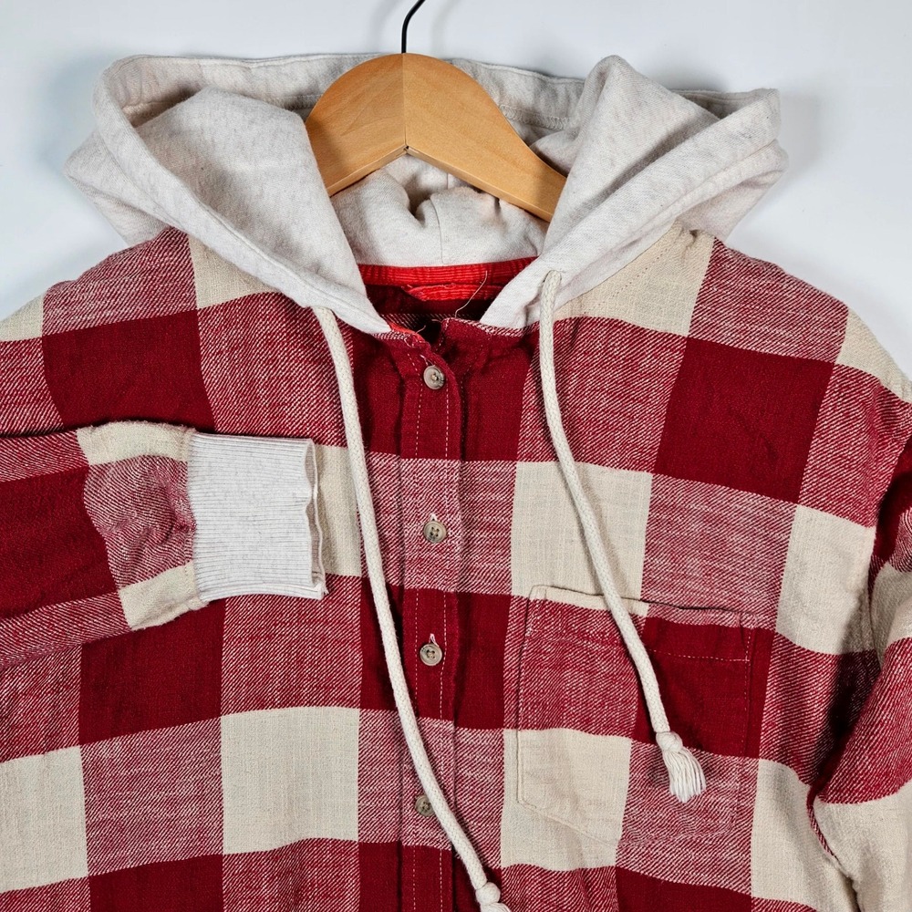 American Eagle Flannel Hoodie Mens Medium Red Buffalo Plaid Button Up Shirt